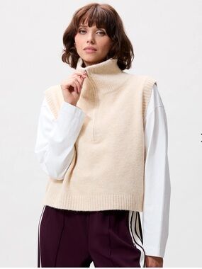 CATWALK JUNKIE CREAM COLOR HALF-ZIP KNIT SWEATER VEST CROPPED HEM RING ZIP 34 XS